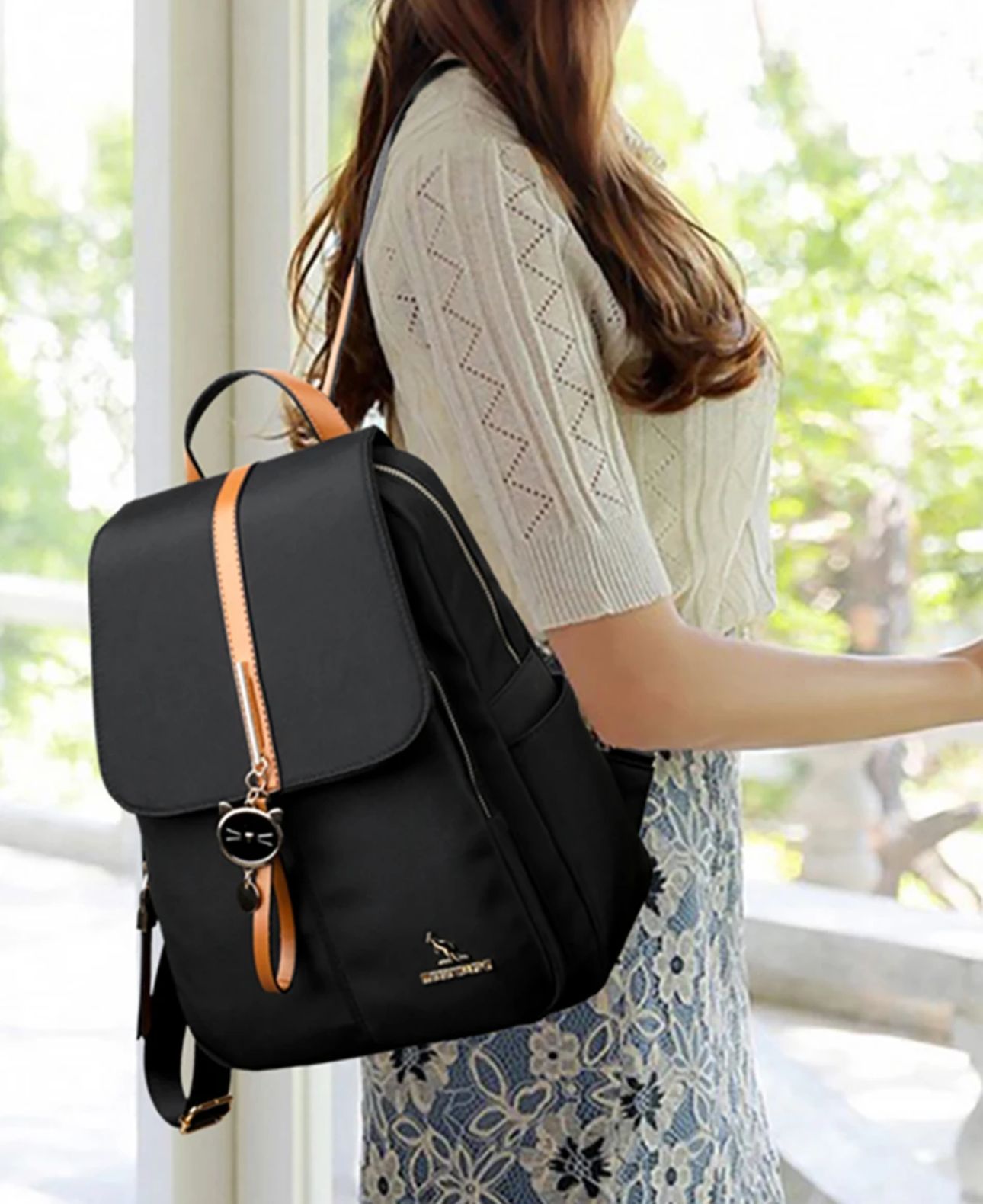 Mochila Dama Oxford De Mujer Impermeable Negra Urbana