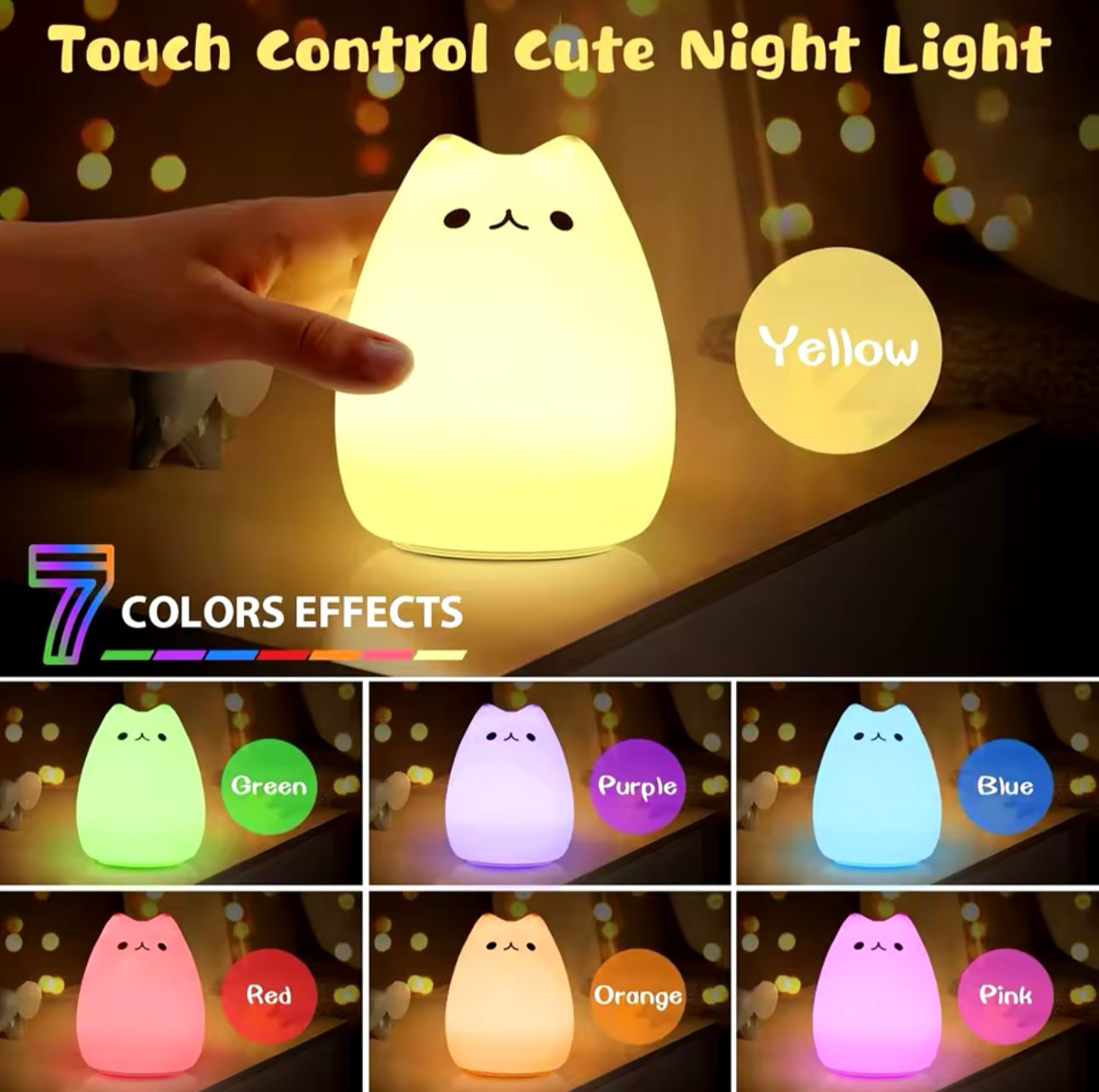 Velador Gato Lampara Gatito Recargable Luz De Noche Silicona